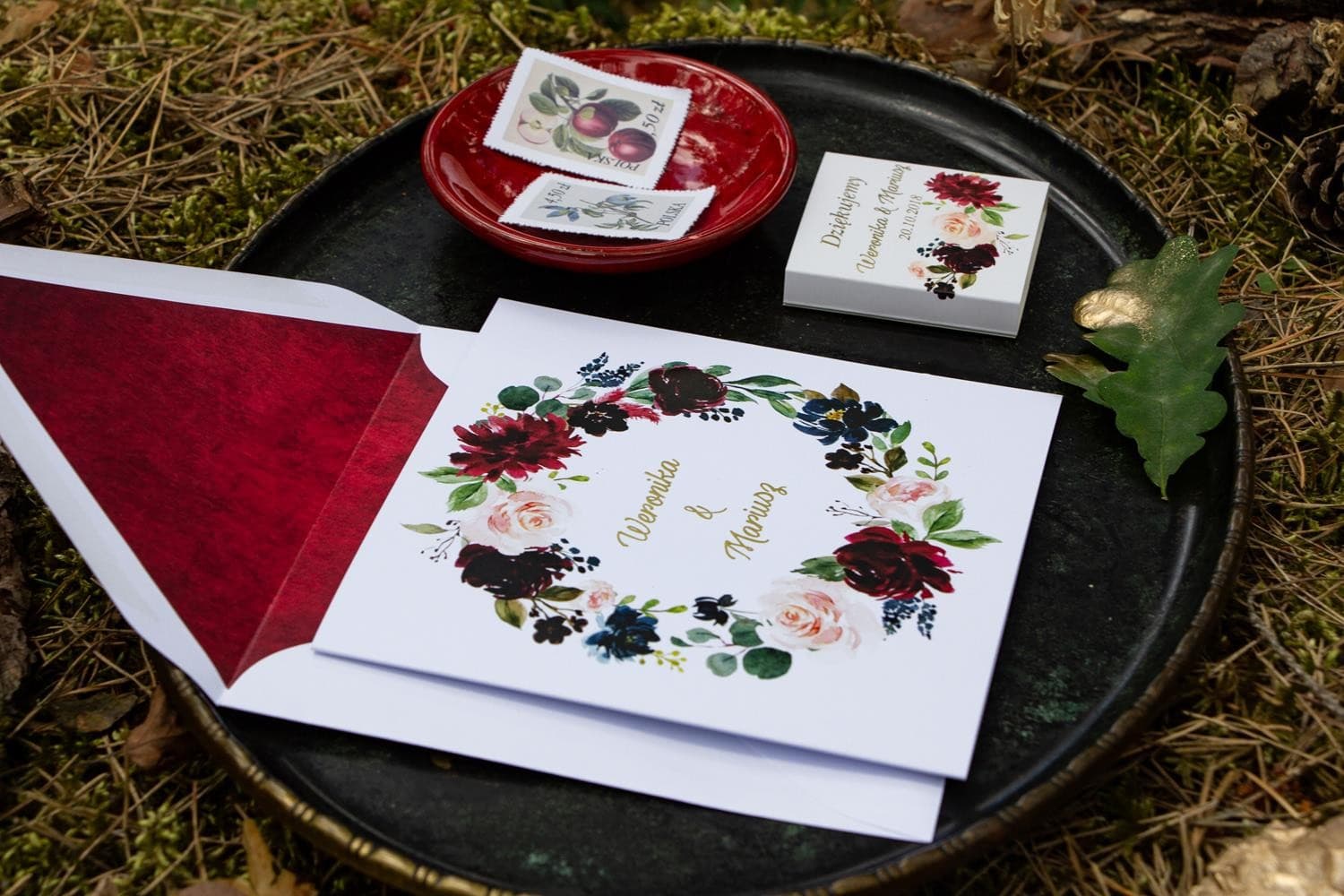 Burgundy Peony Wedding Invitations with Gold Foiling – Orini Design 1