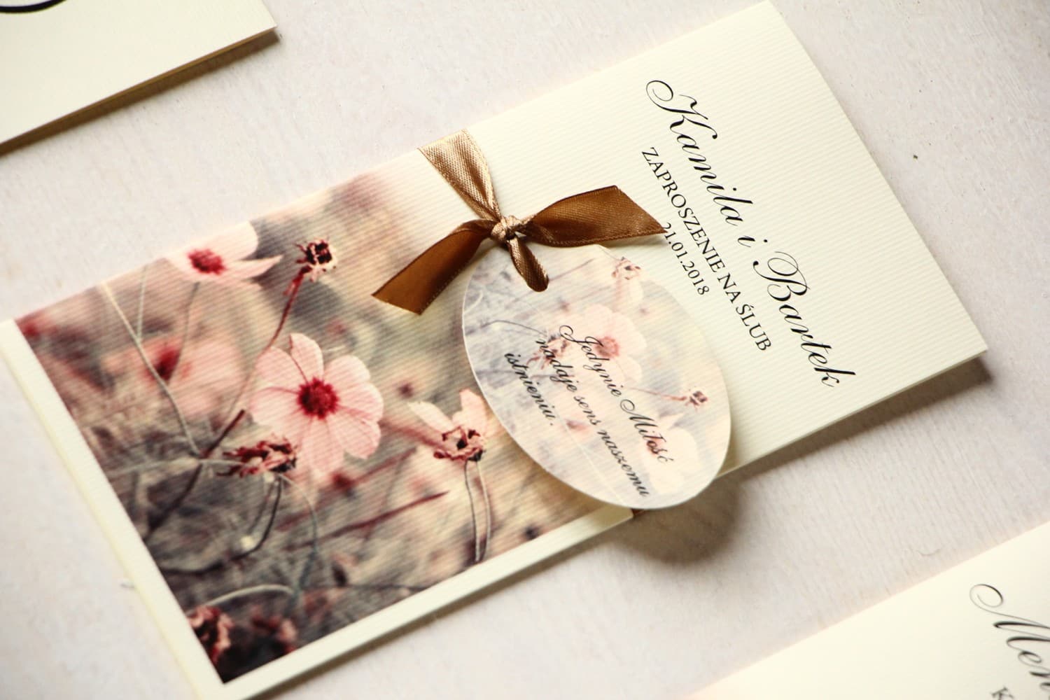 Autumn Wedding Invitations in Cream with Brown Ribbon & Poem | Magnet No. 5