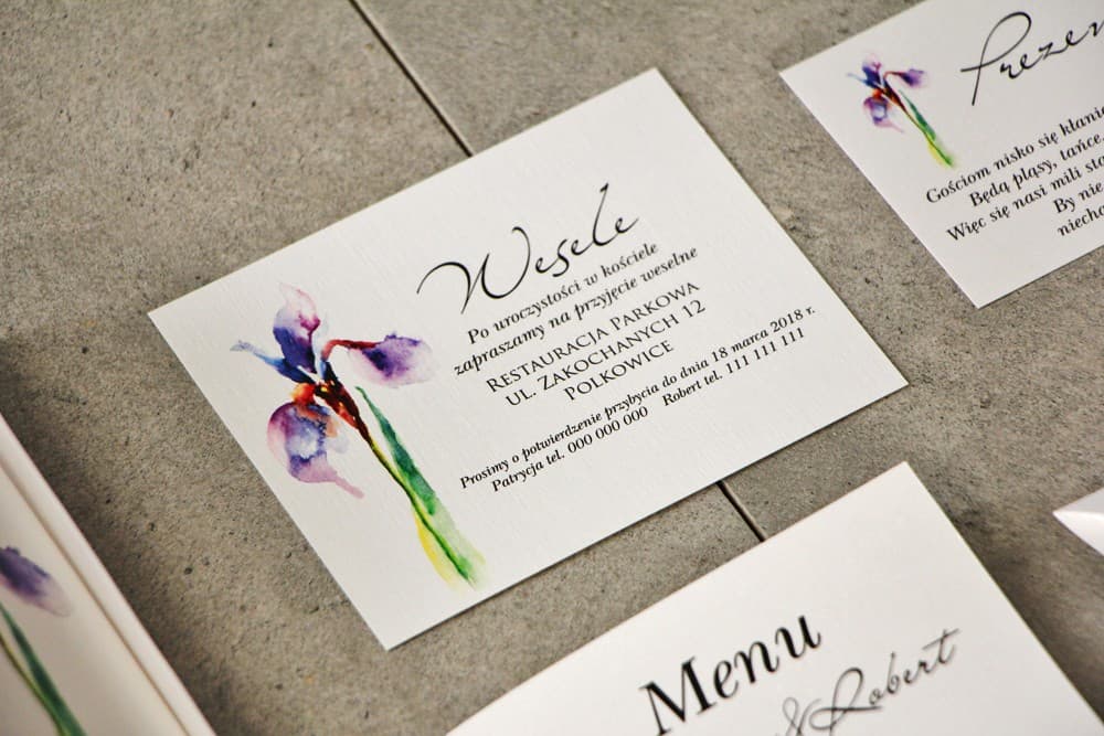 Elegante Inserto per Inviti con Iris Viola | Biglietti Matrimonio RSVP, No Fiori | Pistacjowe n. 10