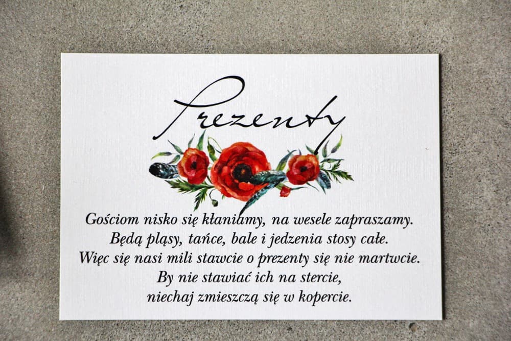 Bilecik z Czerwonymi Makami, Wkładka do Zaproszeń Ślubnych, Prośba o Pieniądze | Bileciki do Zaproszeń | Pistacjowe nr 19