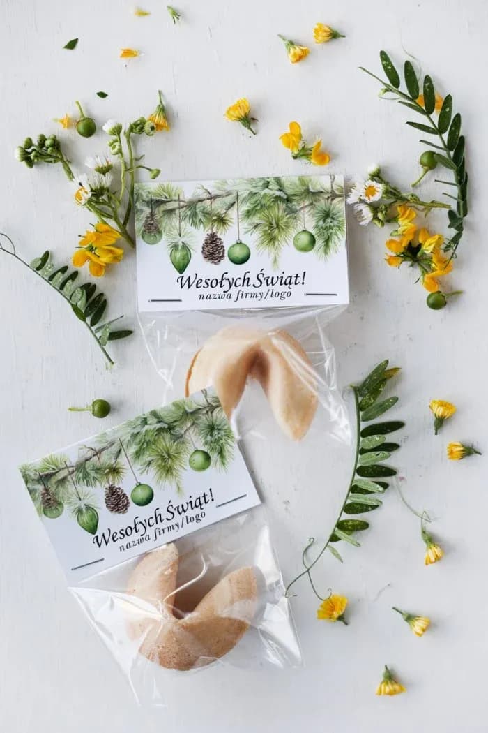 Biscotto della fortuna personalizzato con logo aziendale e motivo di palline verdi su ramo