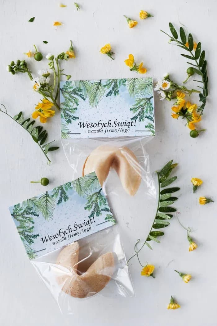 Biscotto della fortuna in imballaggio con grafica di rami verdi coperti di neve su sfondo bianco