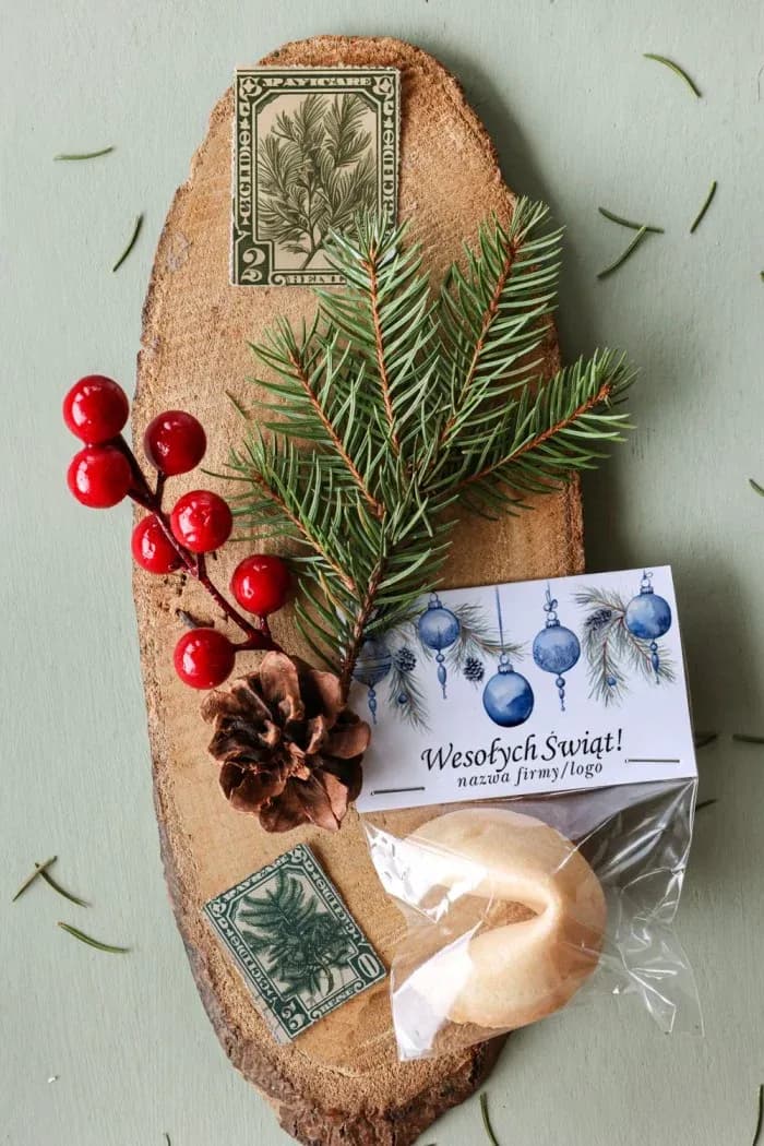 Biscuit de la fortune de Noël avec boules bleues Élégant biscuit de la fortune orné d'un graphisme de boules de Noël bleues