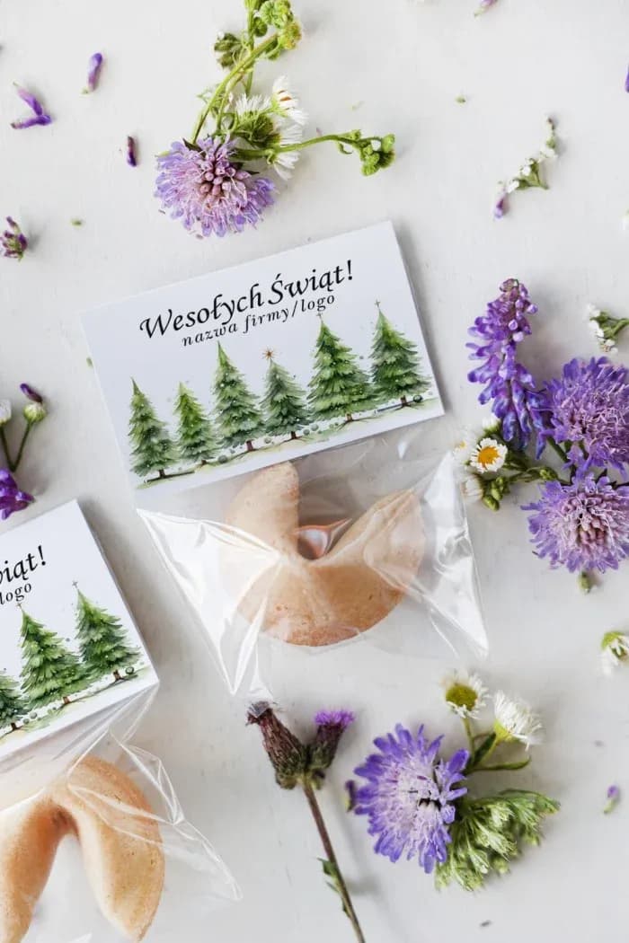 Biscuit de la fortune de Noël motif sapins Biscuit de la fortune personnalisé avec logo d'entreprise et motif de sapins de Noël verts