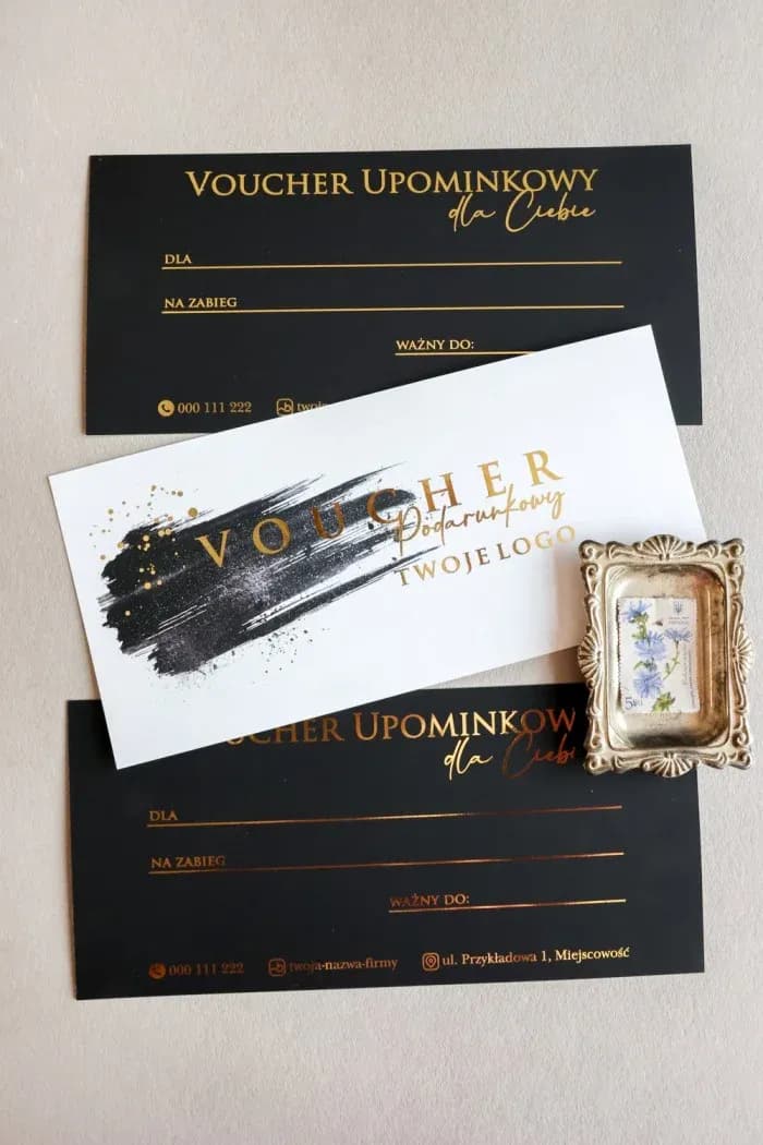 Luxury black voucher with white and gold accents, ideal for premium service industries.