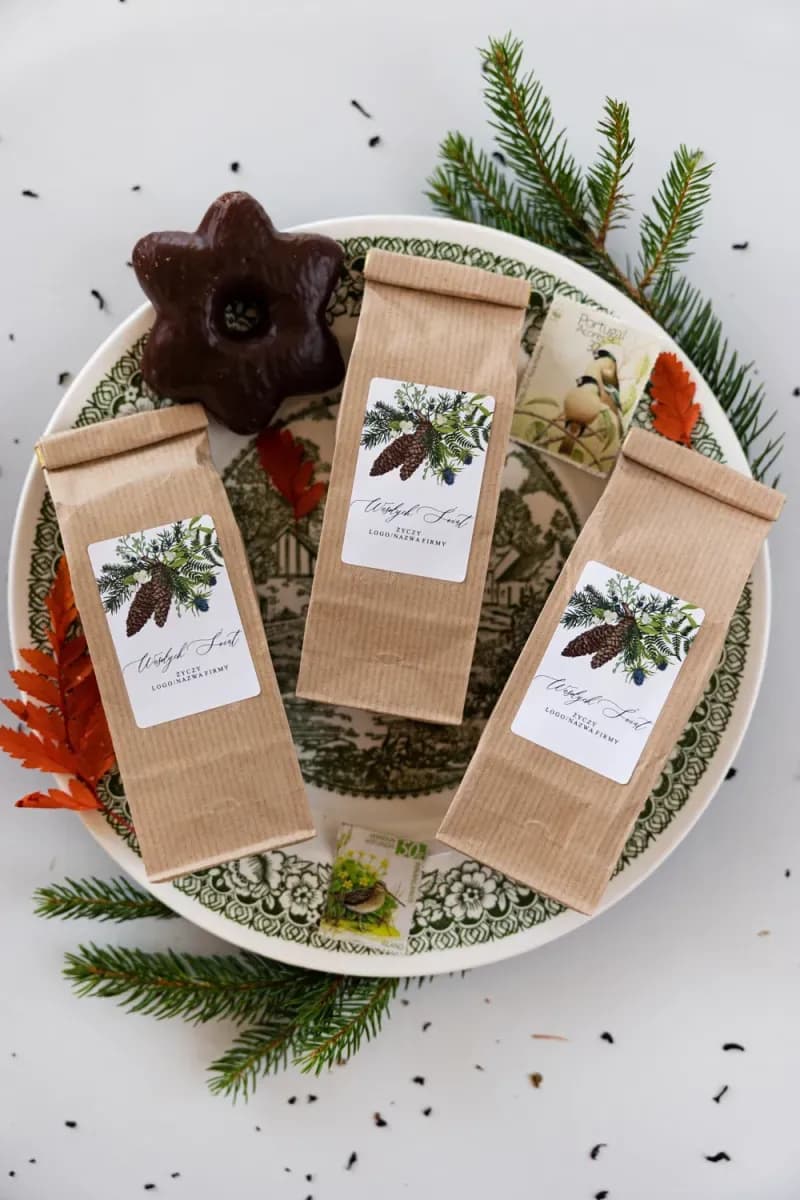 Business Christmas gifts – aromatic tea with company logo in kraft packaging with a forest motif on the label.