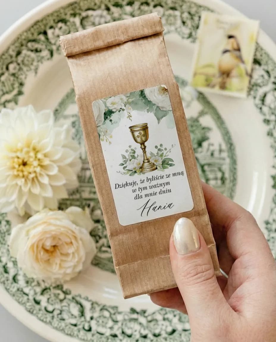 Black Tea in Kraft Packaging, Elegant Floral First Holy Communion Label | Communion Favours | Matylda Design 4
