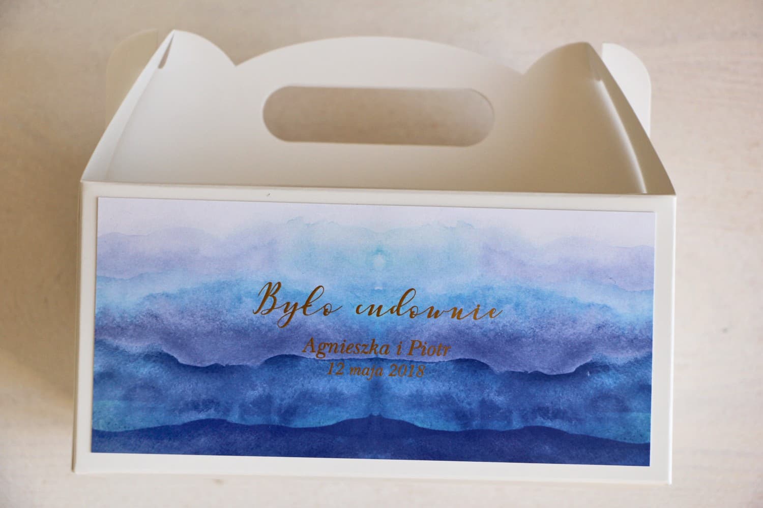 Wedding Cake Box with Handle | Blue Watercolor Gold Foiled Favour Packaging | Delfina No. 3