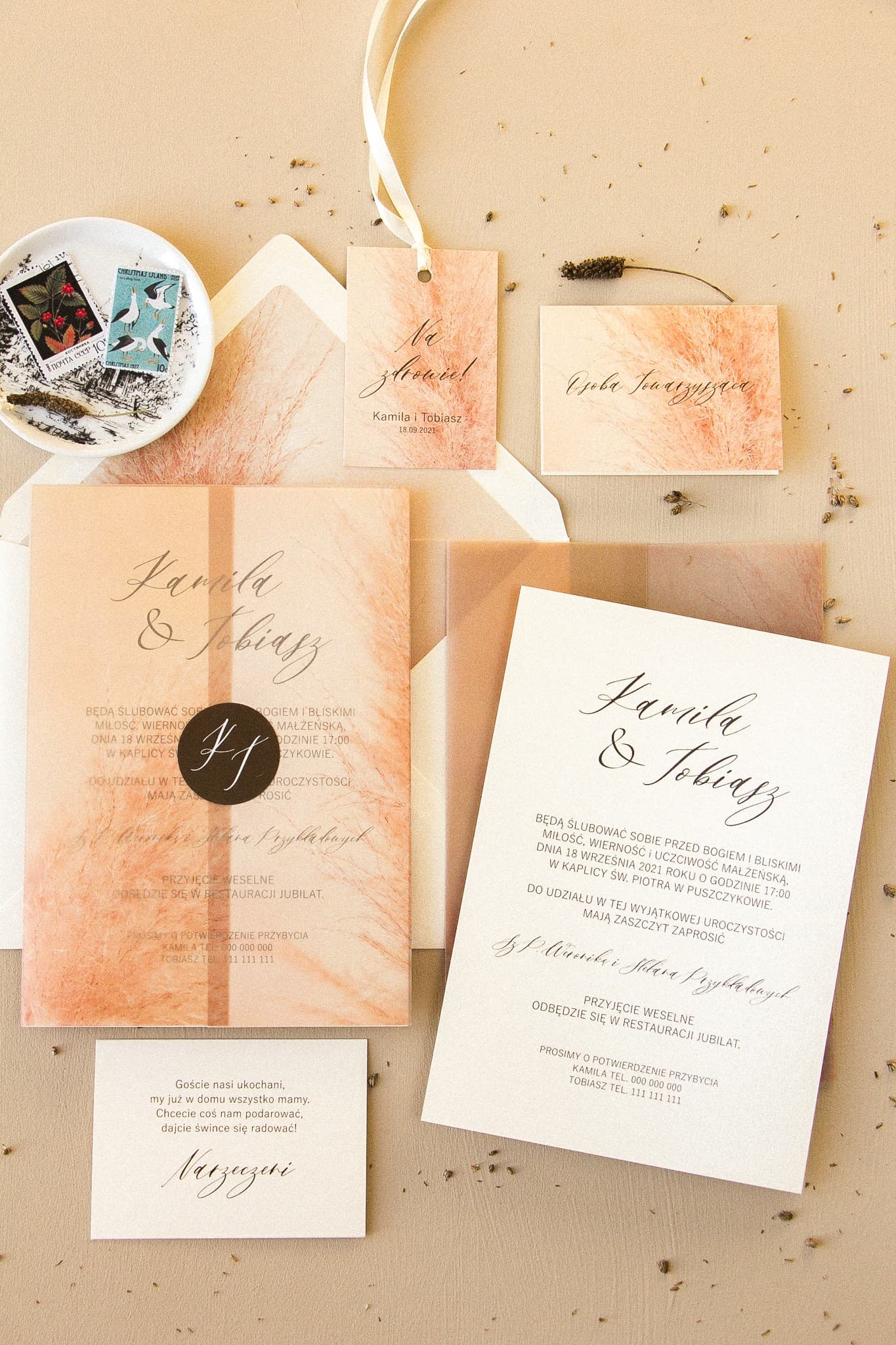Boho Wedding Invitations on Ecru Paper with Pampas Grass and Vellum – Opal No. 1