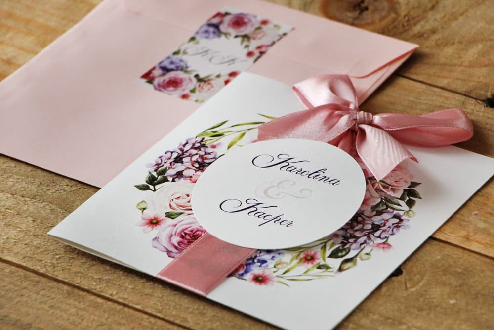 Boho Wedding Invitations with Bow, Pink Roses and Lilac – Watercolours Design 17