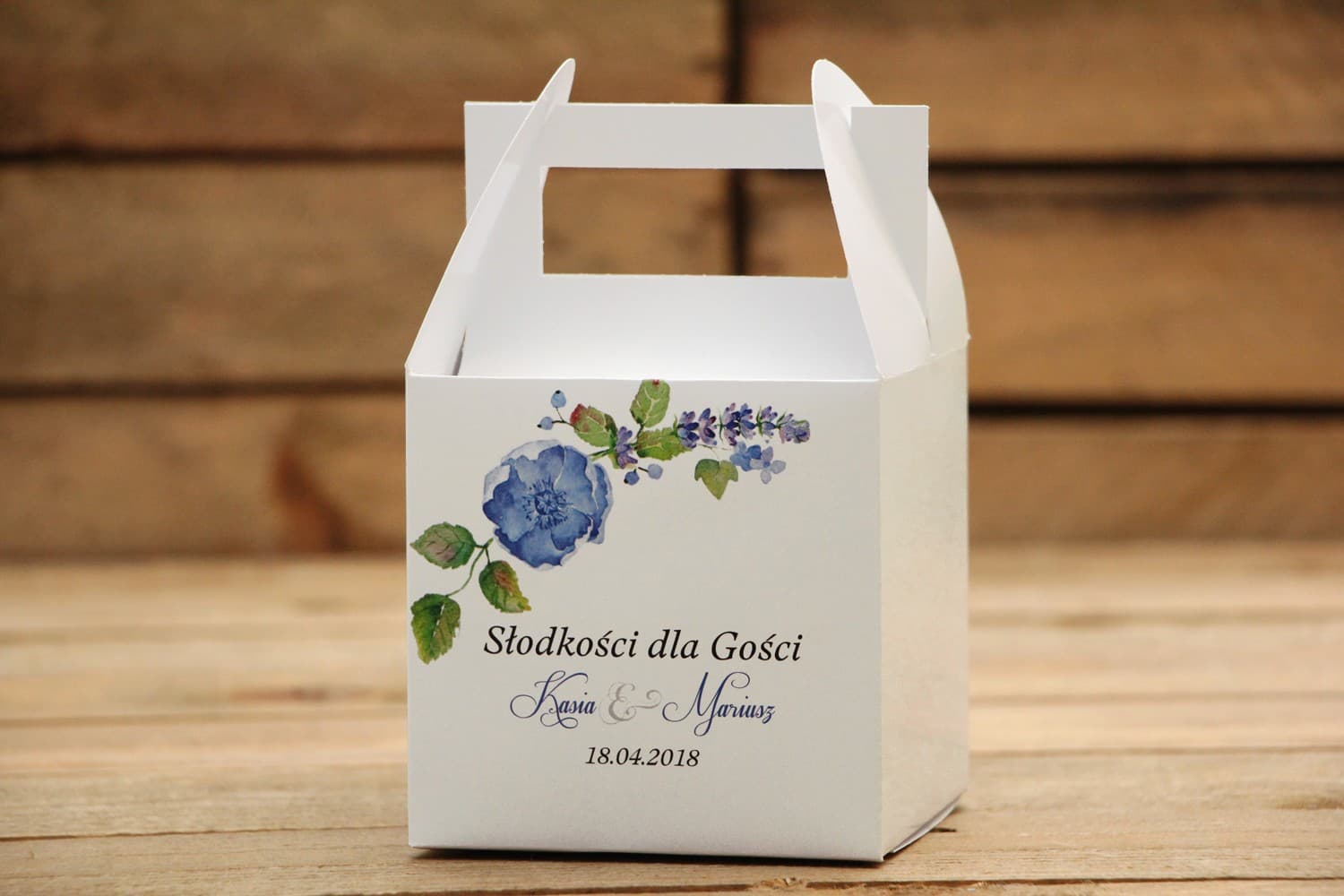 Boîtes à gâteaux de mariage avec bleuets | Remerciements personnalisés invités | Fleurs Peintes n° 13