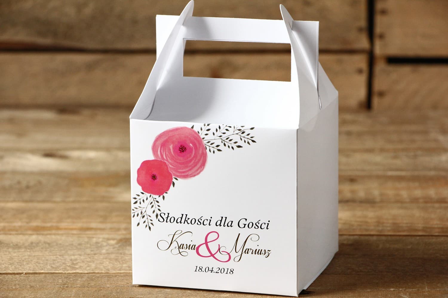 Élégante boîte à gâteaux de mariage avec poignée, personnalisée | Remerciements invités | Fleurs Peintes n° 19