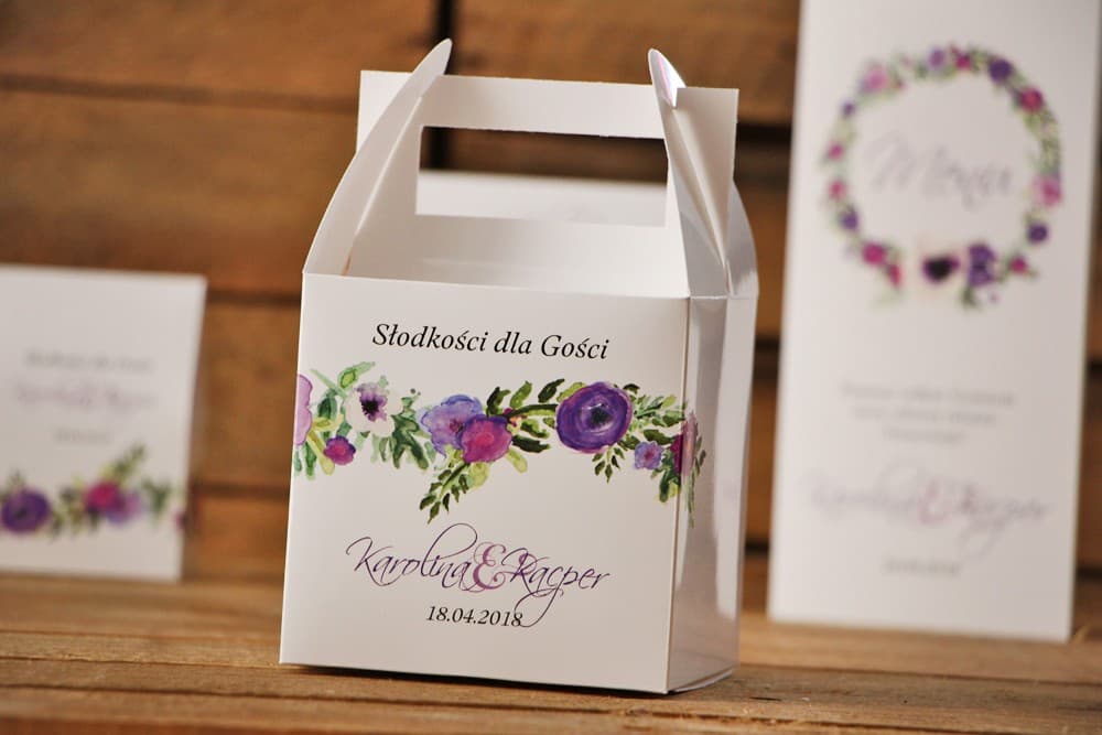 Boîte à Gâteaux de Mariage Fleurs Violettes Aquarelle Personnalisée | Emballage Douceurs pour Invités | Aquarelle n° 11