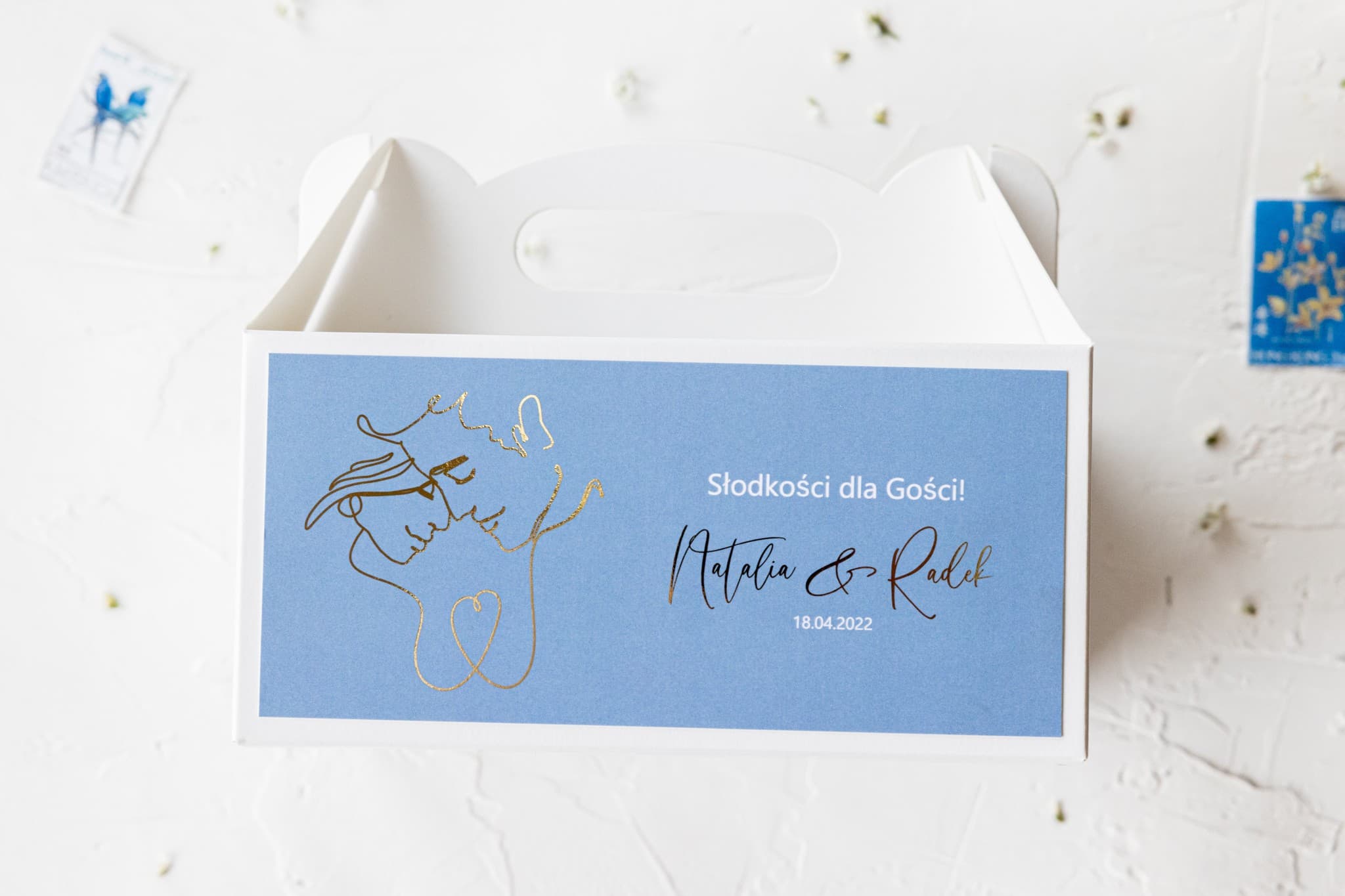 Boîte à gâteaux de mariage Dusty Blue dorée, personnalisée | Emballages de douceurs pour invités | Jaspis n° 4