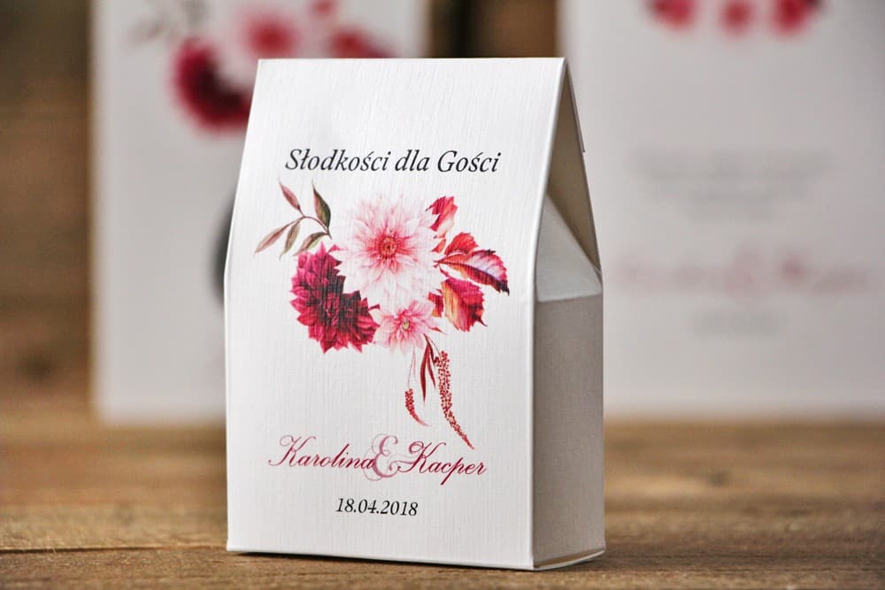 Boîte de remerciement Aquarelle n° 2 Dahlias Petite boîte à bonbons verticale, remerciement invités mariage - Aquarelle n° 2 - Dahlias violet, bordeaux et rose clair