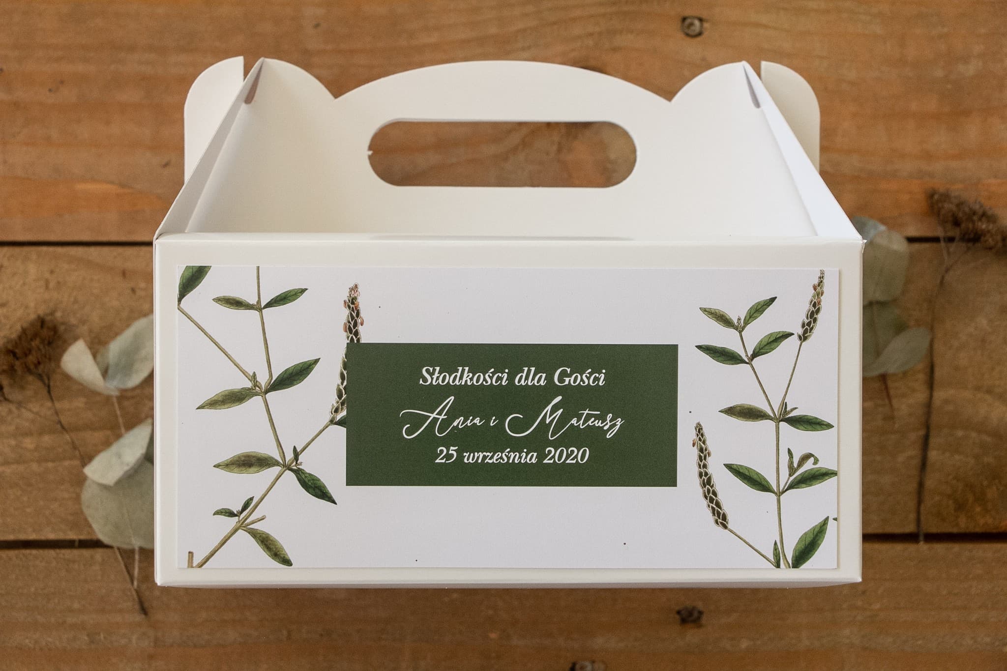 Boîtes à Gâteaux Mariage Rustiques avec Poignée | Emballages Botaniques pour Invités | Korani n° 9