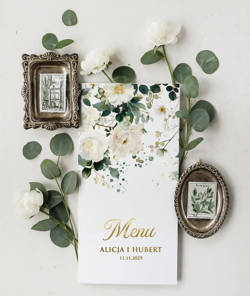 Foiled Wedding Menu with Eucalyptus – Ruskus No. 5