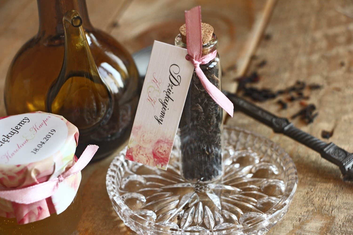 Té en Botellita Detalle para Invitados | Regalos de Boda con Peonía Rosa y Lazo | Acuarela nº 9