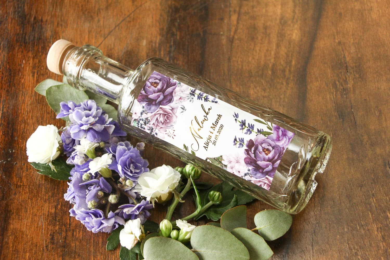 Botellitas para Licores de Boda Agradecimiento para Invitados Glamour Etiquetas Doradas con Lavanda | Soreli nº 4