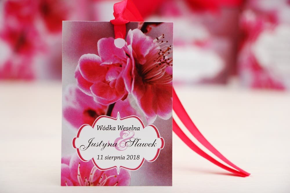 Pink Cherry Blossom Wedding Bottle Tags, Personalized | Wedding Vodka Tags | Felicja No. 12