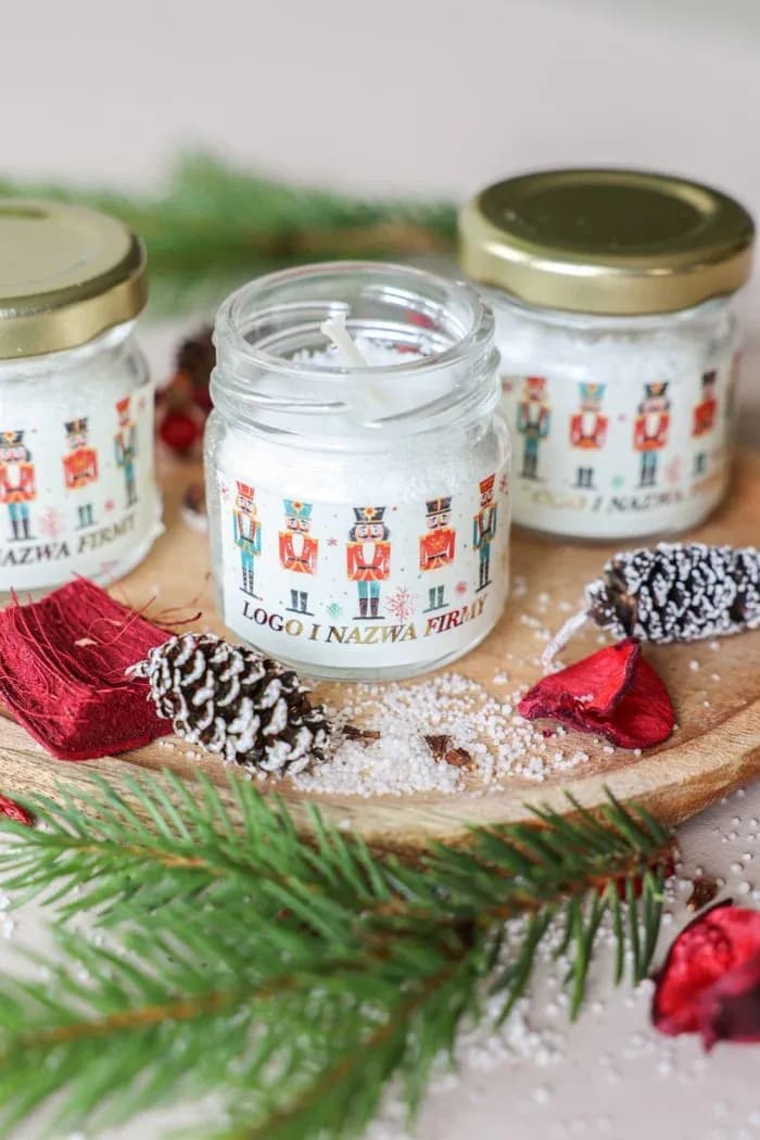 Bougie de Noël personnalisée avec logo SG3 Bougie en cire végétale naturelle avec étiquette colorée motif soldats de Noël