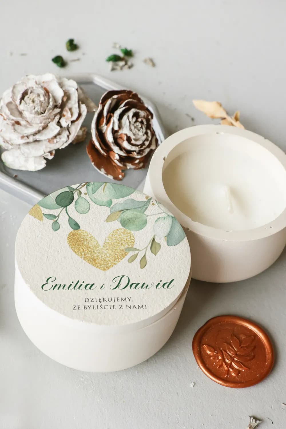 Bougie de soja personnalisée Cejla n° 5 Bougie de soja personnalisée dans un contenant blanc avec impression, cadeau pour les invités de mariage.