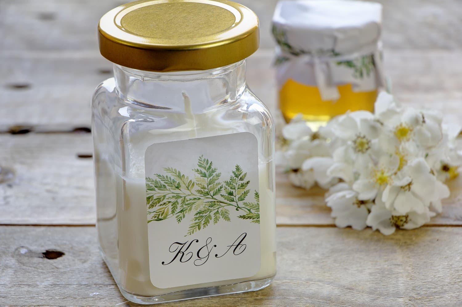 Bougie de soja personnalisée Kalia n° 1 fougère Bougies de soja cadeaux pour invités de mariage, style greenery avec feuilles de fougère