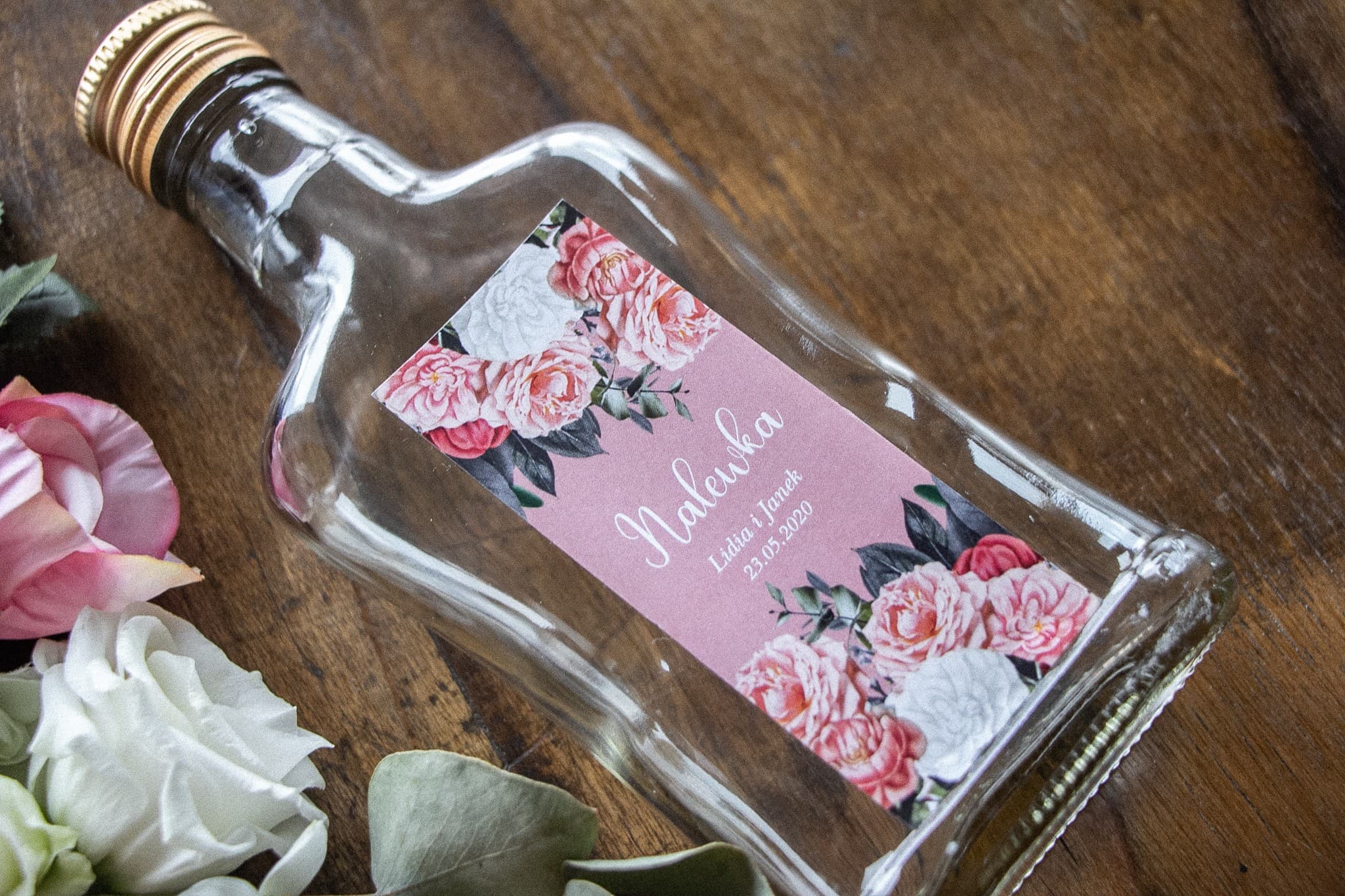 Petites Bouteilles pour Liqueurs de Mariage Fleurs | Cadeaux Invités Rose Poudré Pivoines | Éthéré n° 3