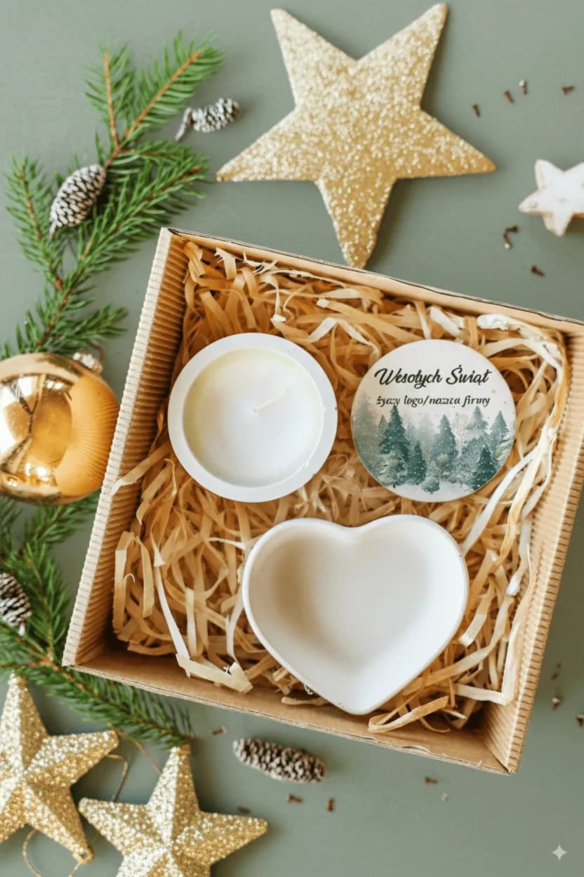 Set de regalo personalizado para empresas con logo para Navidad, con vela de soja ecológica y base de yeso.