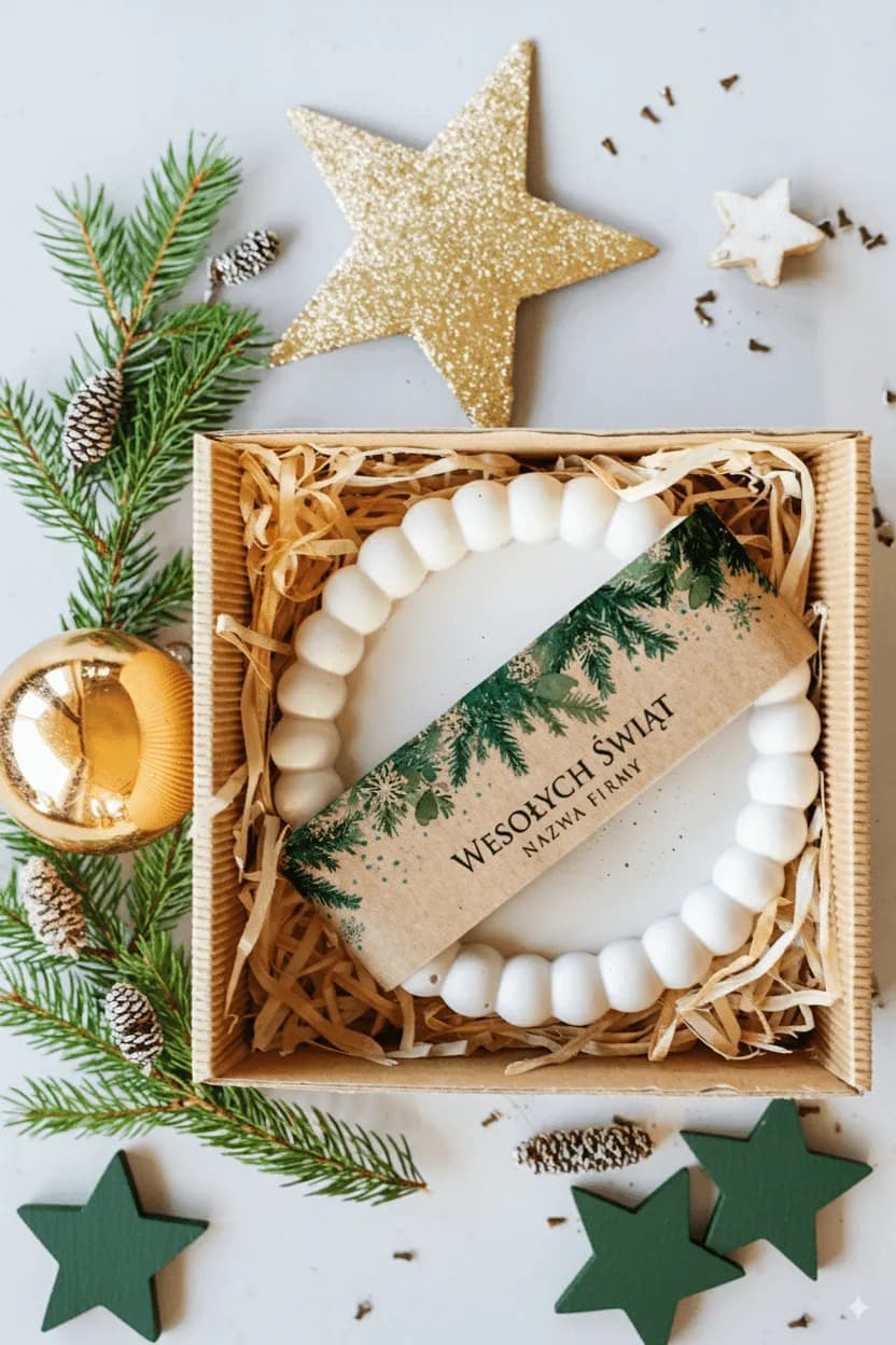 Elegante set de regalo para empresas en caja con lana de madera, que contiene una bandeja blanca con faja de Feliz Navidad.