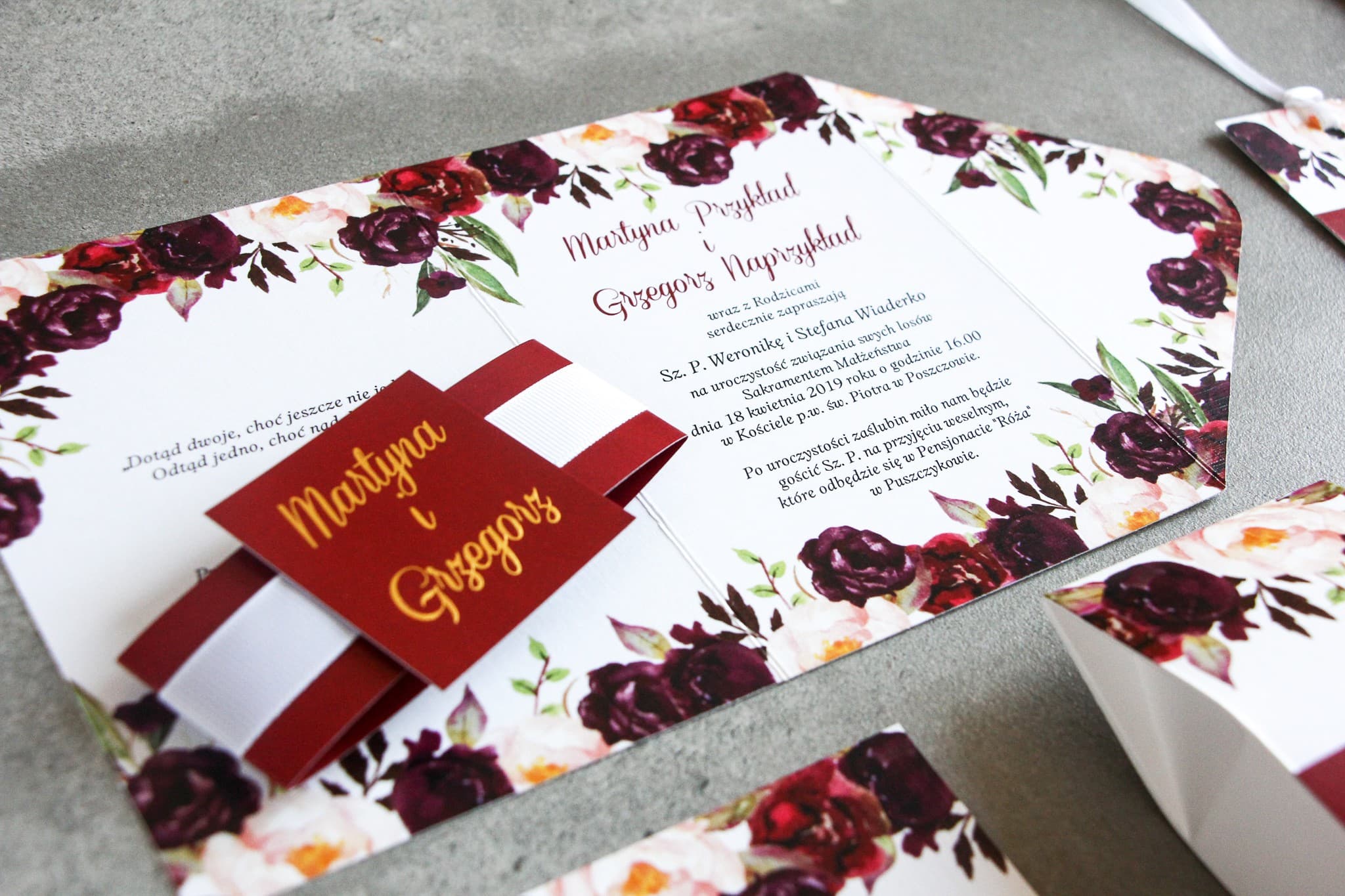 Burgundy Gold Foil Wedding Invitations with White Peonies – Lotaro No. 3