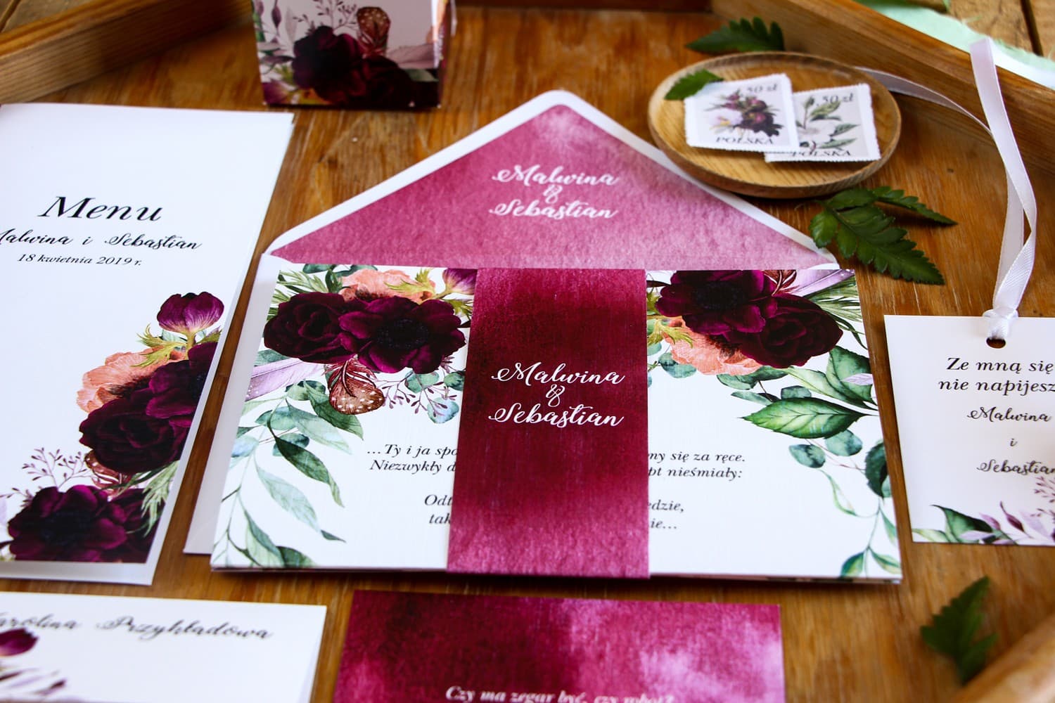 Peony Wedding Invitation Sample | Burgundy Floral Design | Rozalia No. 2