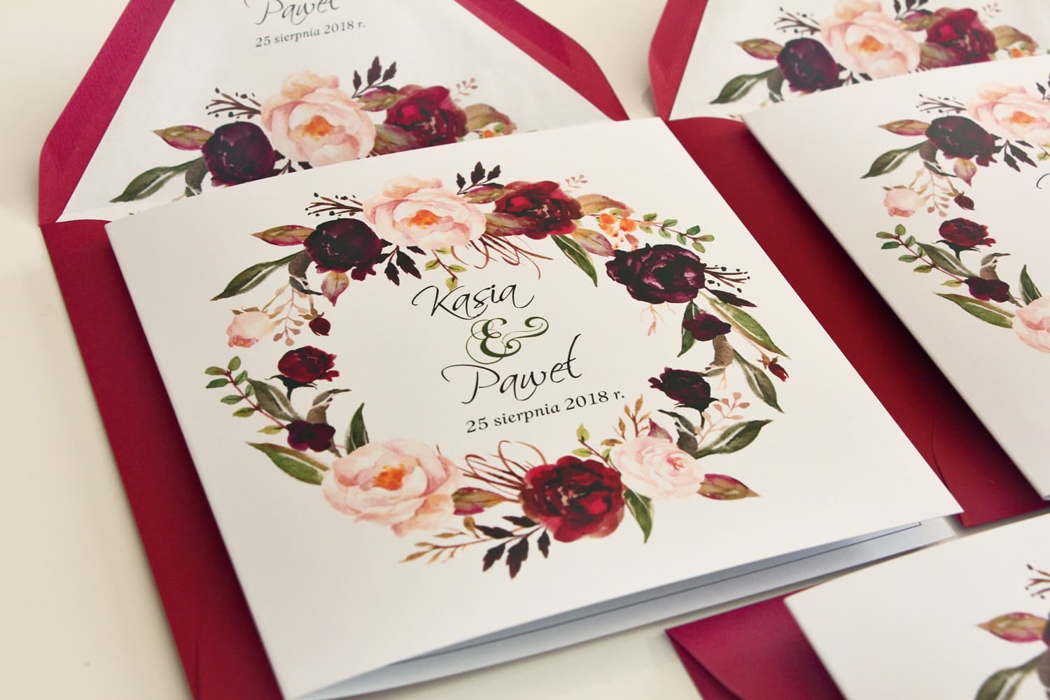 Boho Wedding Invitations with Burgundy Roses and Peonies & Eco Envelope – Kalia No. 9