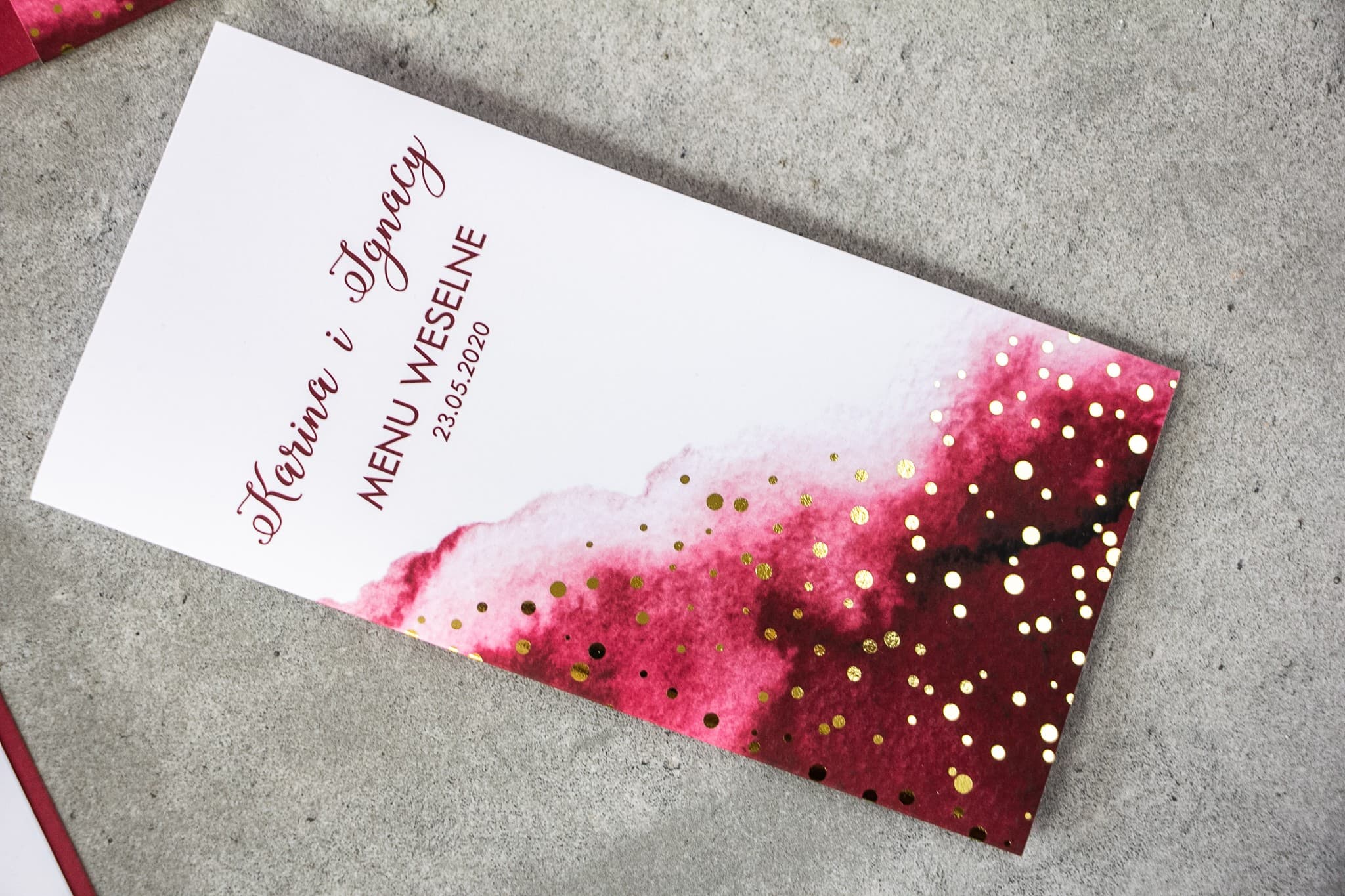 Elegant Wedding Menu with Gold Dots | Burgundy Glamour Menu Card | Bakarto No. 2