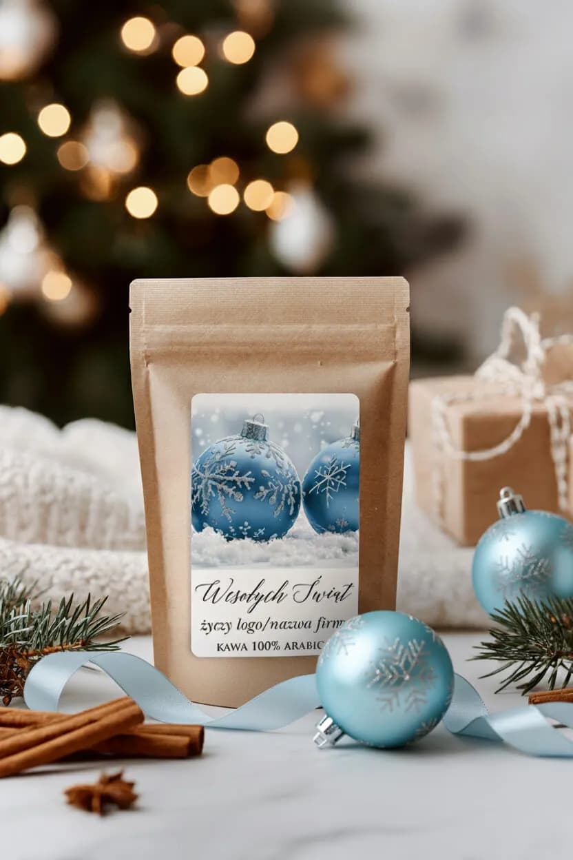 Envase de café 100% Arábica como regalo de empresa para Navidad, con espacio para logotipo propio y felicitaciones.