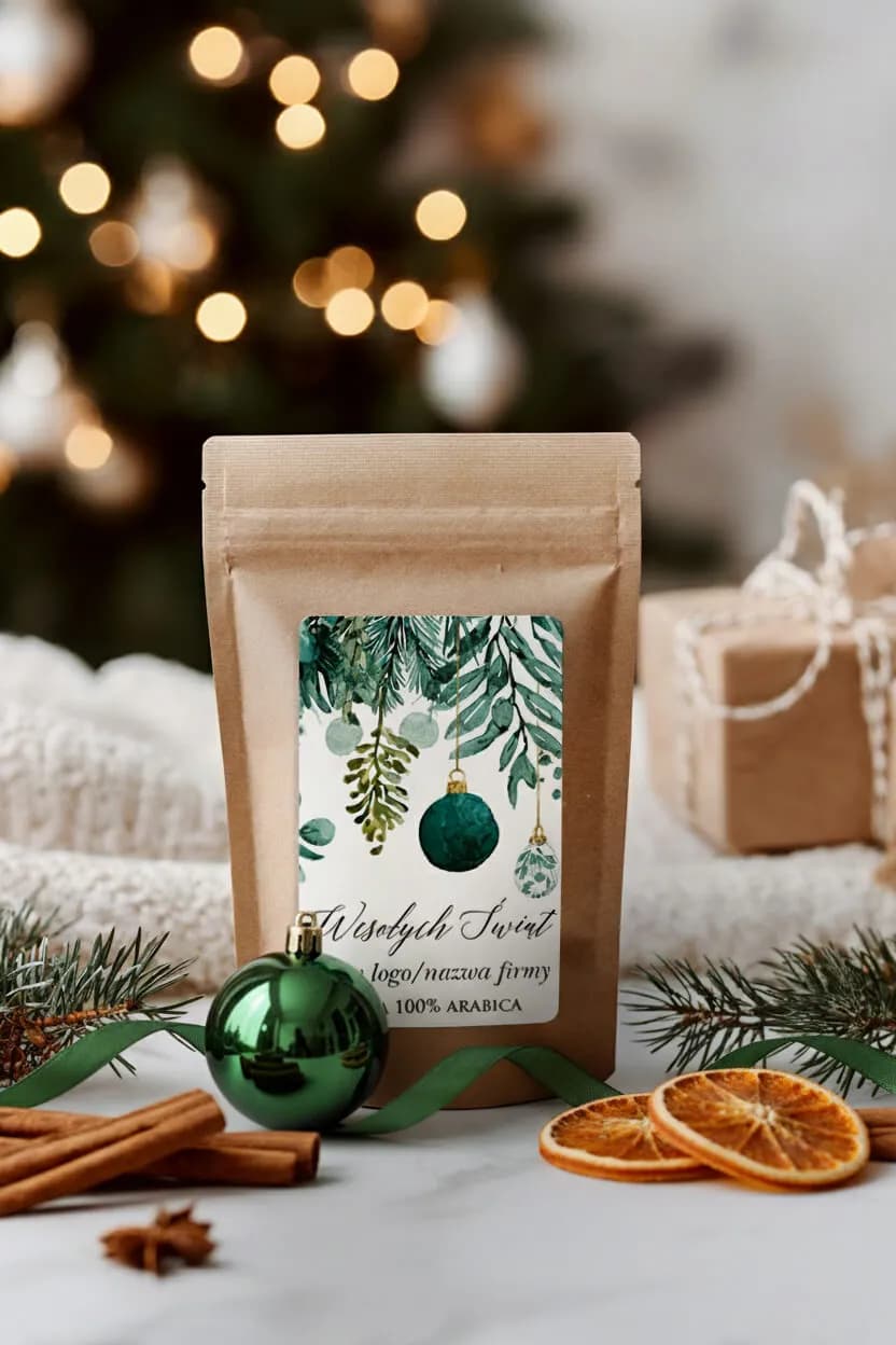 Café navideño corporativo 100% Arábica en bolsa marrón con etiqueta personalizada de ramitas verdes y bolas de navidad.