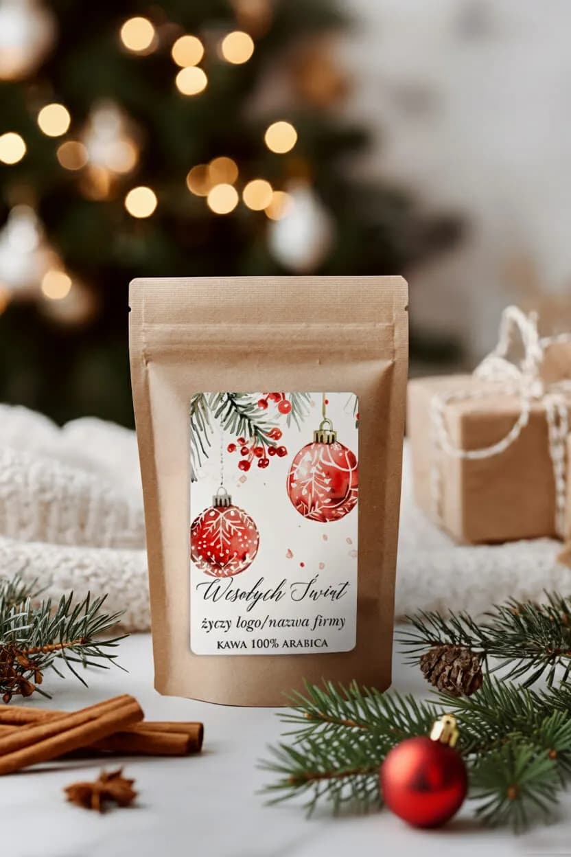 Regalo navideño de empresa: café con logotipo propio en ambientación festiva con canela y ramas de abeto.