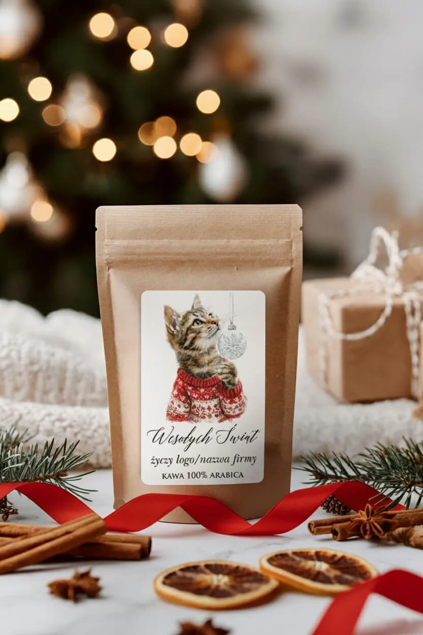 Café navideño para empresas 100% Arábica con etiqueta personalizada que muestra un gato con jersey rojo.