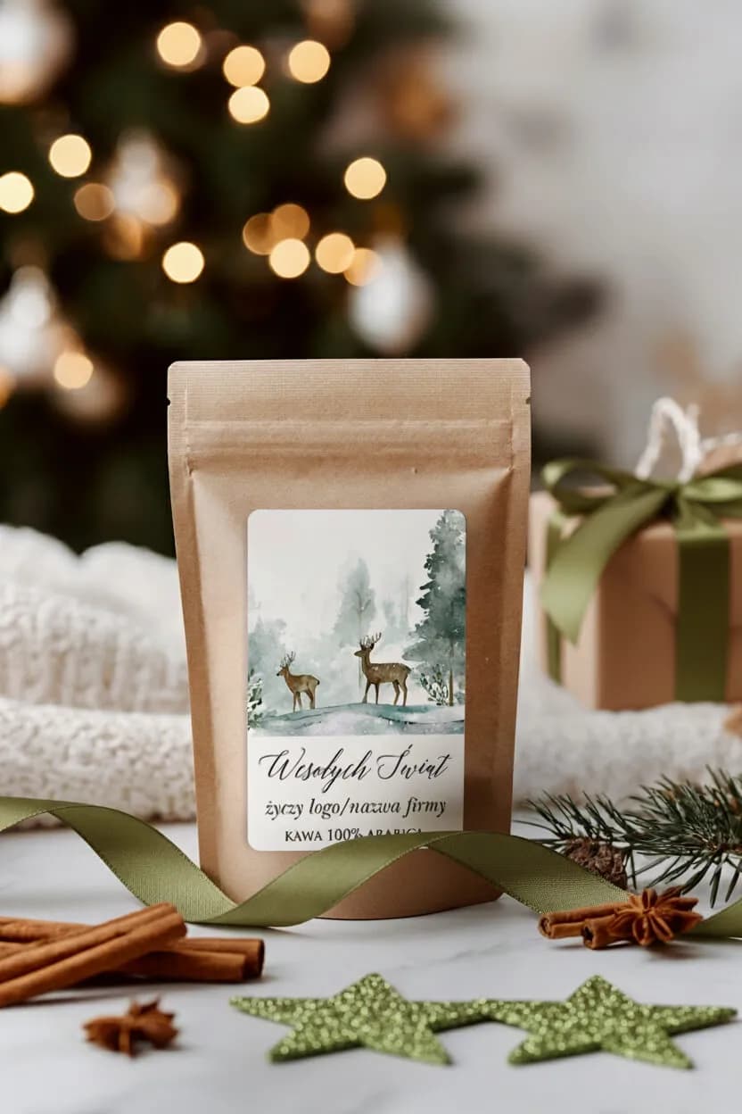 Primer plano de la etiqueta de café corporativo con el texto 'Feliz Navidad' e ilustración en acuarela de paisaje invernal.