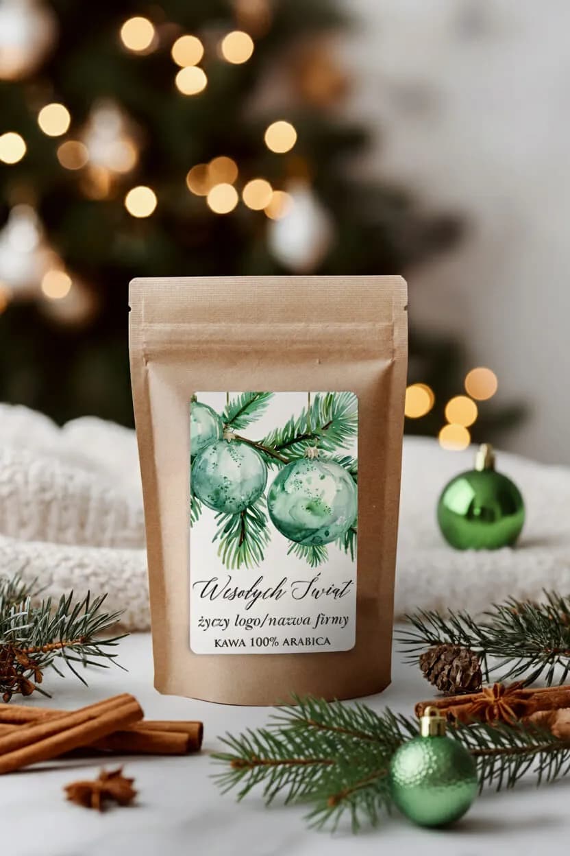 Café de 100g con etiqueta 'Feliz Navidad' y espacio para el logotipo de la empresa, como regalo de negocios para Navidad.