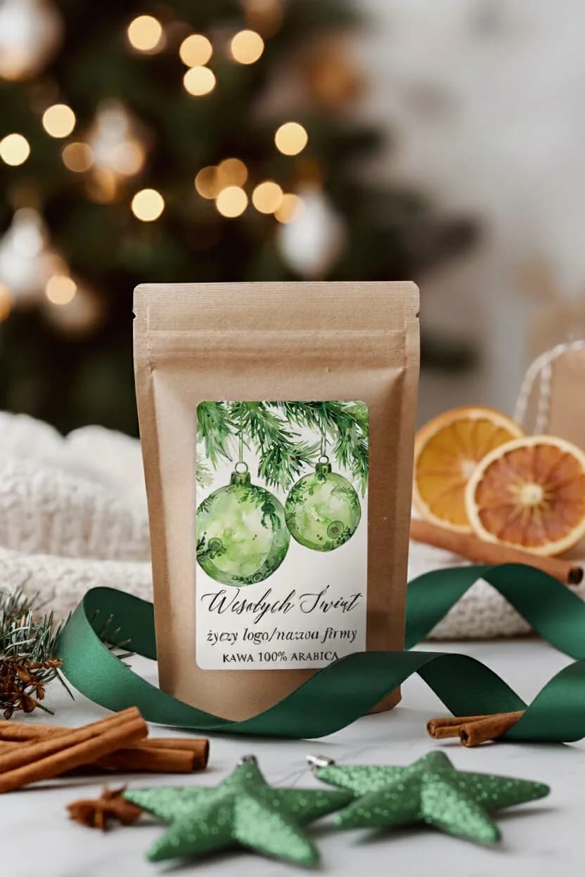 Café personnalisé 100% Arabica KW12 Café personnalisé 100% Arabica dans un sachet écologique avec une étiquette représentant des boules de Noël vertes.