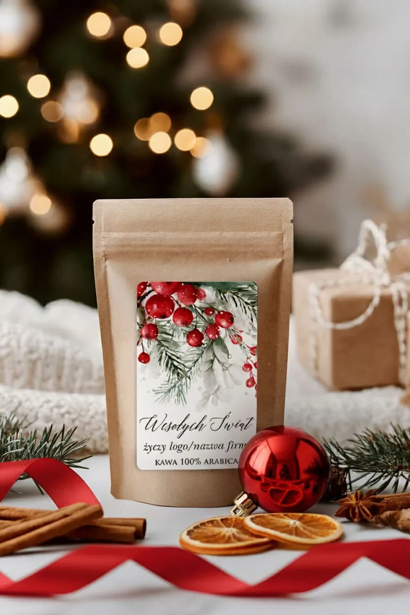 Confezione caffè 100% Arabica per regalo business, decorata con nastro rosso, cannella e arancia essiccata. Confezione caffè 100% Arabica per regalo business, decorata con nastro rosso, cannella e arancia essiccata.