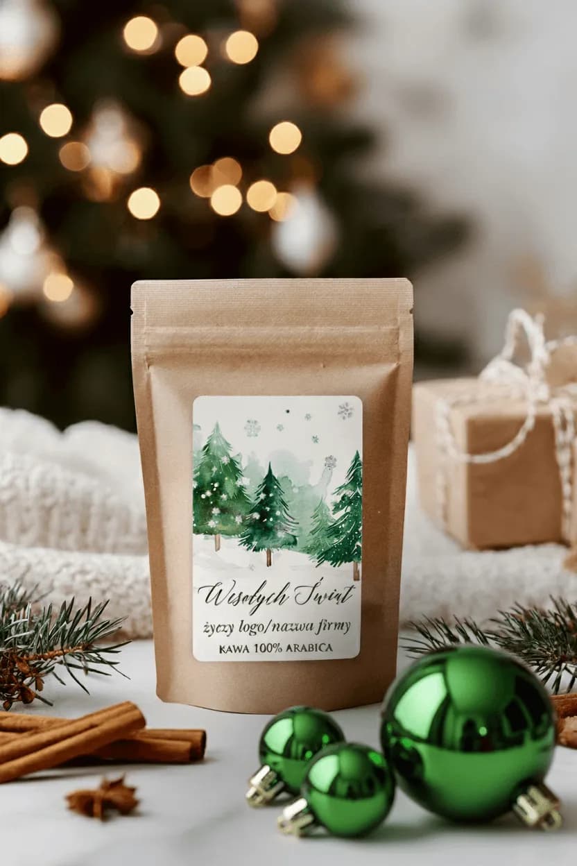 Caffè 100% Arabica in confezione marrone con etichetta personalizzata natalizia raffigurante foresta innevata con abeti. Caffè 100% Arabica in confezione marrone con etichetta personalizzata natalizia raffigurante foresta innevata con abeti.