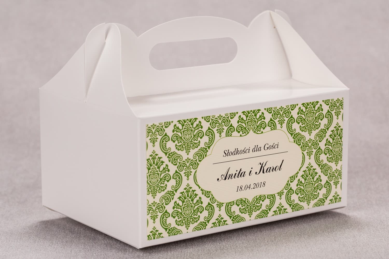 Elegante caja para tarta con asa, motivo verde | Detalles para invitados de boda | Madras n.º 3