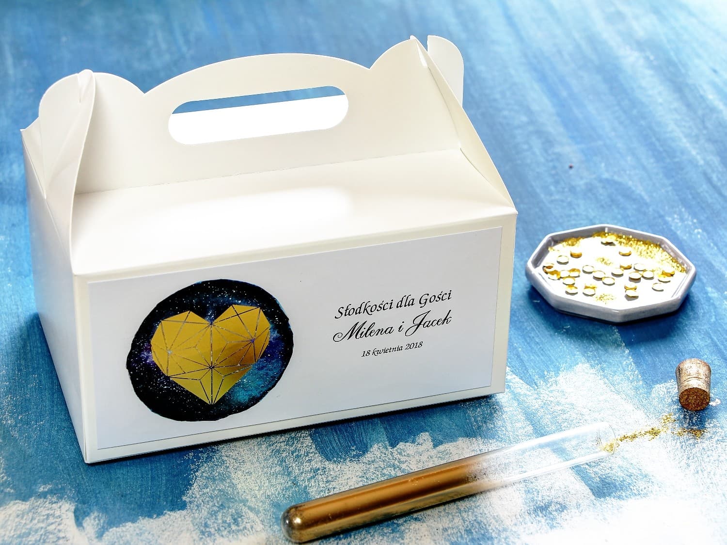 Caja Dorada para Tarta de Boda con Asa | Elegante Agradecimiento para Invitados | Noche de Luna nº 3