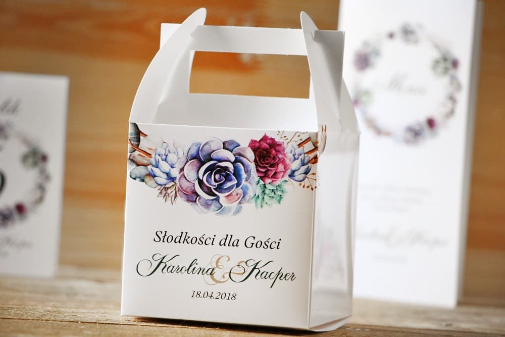 Cajas de Pastel de Bodas Personalizadas con Asa, Suculentas en Acuarela | Recuerdos para Invitados | Acuarela nº 1