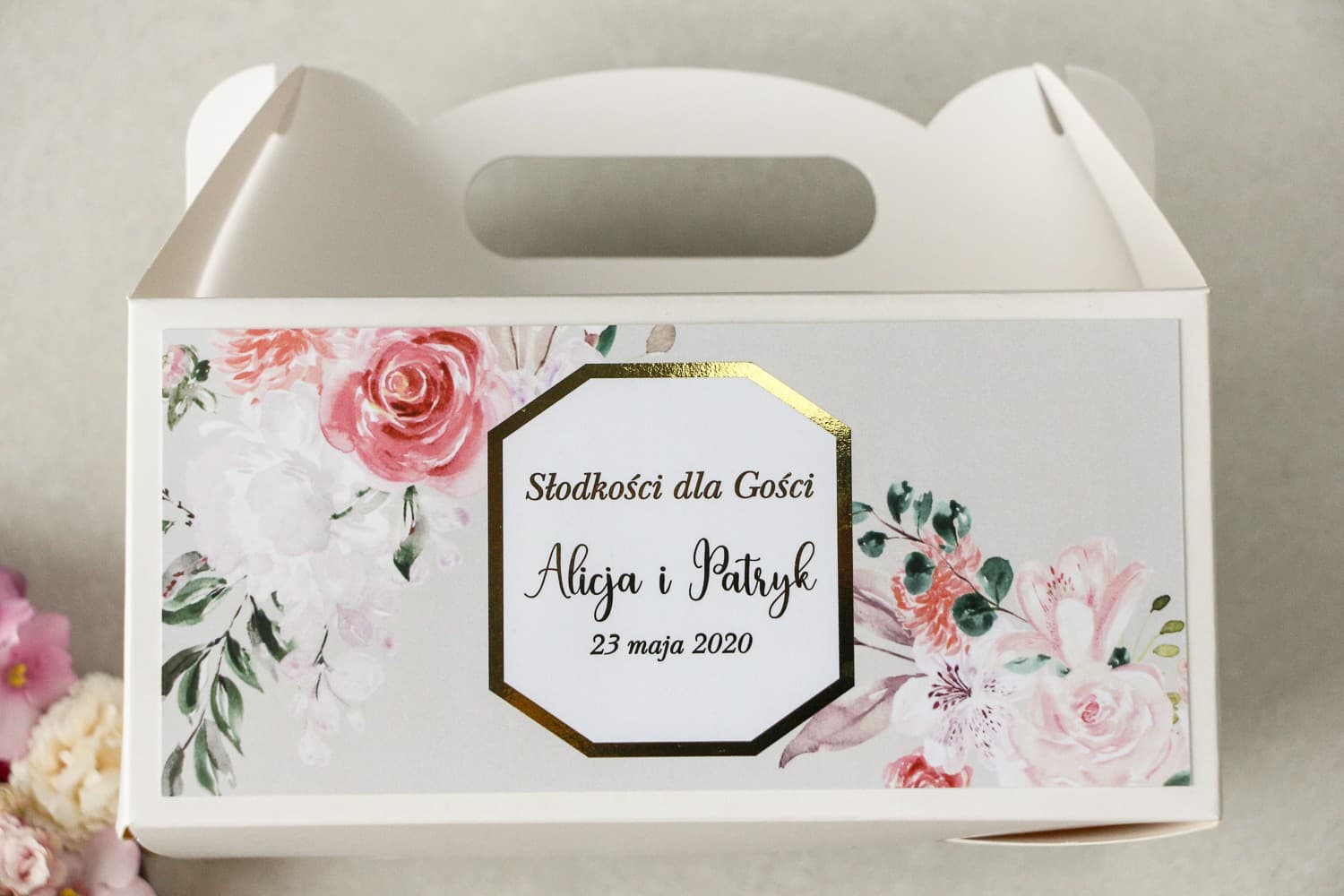Caja Dorada para Tarta de Boda con Flores | Embalaje Personalizado para Invitados | Lotus n.º 1