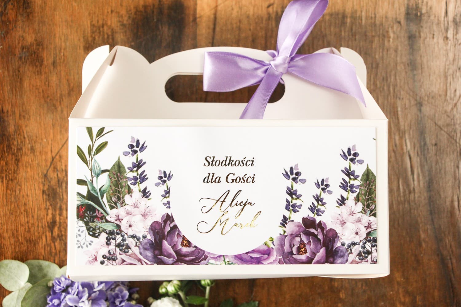 Elegante Caja para Tarta de Boda Dorada con Lavanda | Envases Rectangulares para Invitados | Soreli nº 4