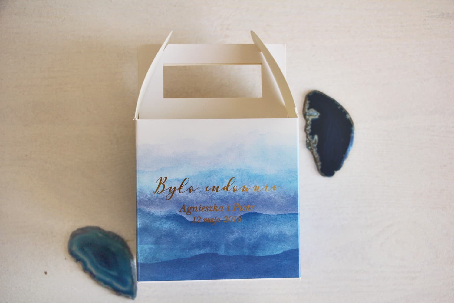 Caja para Tarta de Boda Personalizada | Azul Acuarela con Dorado | Delfina nº 3