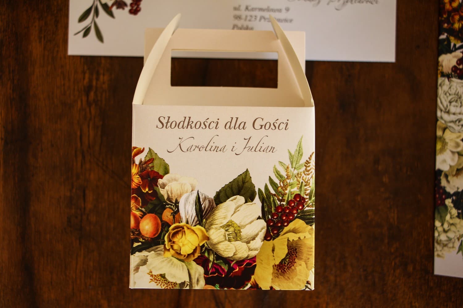 Caja para tarta de boda con asa diseño botánico | Envase personalizado para dulces | Eteryczne nº 1